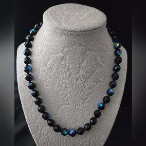 Elegant Iridescent Black and Blue Beaded Necklace